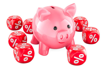 Piggy Bank with Discount Cubes, 3D rendering isolated on white backgroundの写真素材