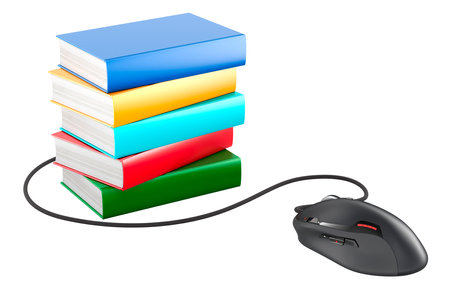 Stack of books with computer mouse. E-learning, concept. 3D rendering isolated on white backgroundの写真素材