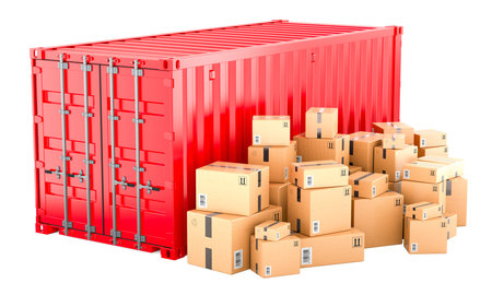 Cargo container with heap of cardboard boxes, parcels. Cargo shipping, concept. 3D rendering...