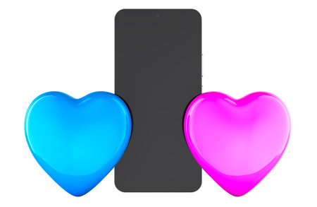 Dating applications, concept. Smartphone with pink and blue heats. 3D rendering isolated on white backgroundの写真素材