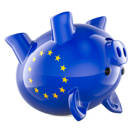 European financial crisis, concept. Inverted piggy bank with EU flag as symbol of European budget. 3D rendering isolated on white backgroundの写真素材