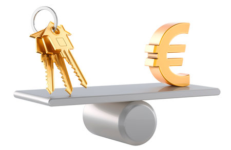 Home Keys and Euro symbol, balance. Real estate price, concept. 3D rendering isolated on white backgroundの写真素材