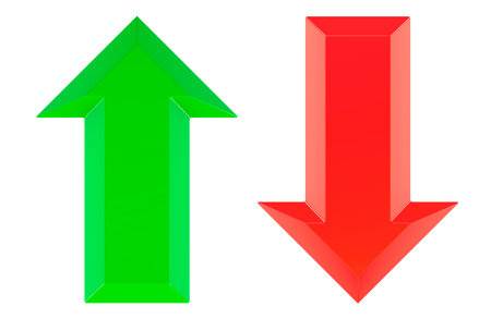 Green arrow up and red arrow down, 3D rendering isolated on white backgroundの写真素材