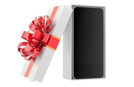 Smartphone Phone inside gift box, present concept. 3D rendering isolated on white backgroundの写真素材