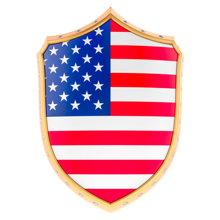 Shield with the United States flag, 3D rendering isolated on white backgroundの写真素材