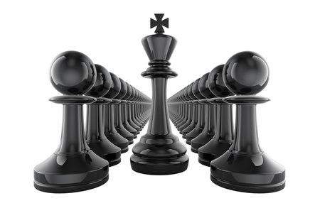 Chess King and rows of black pawns, winner and leader concept. 3D rendering isolated on white backgroundの写真素材