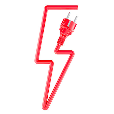 Lightning shape from red power cable with power plug. 3D rendering isolated on white background