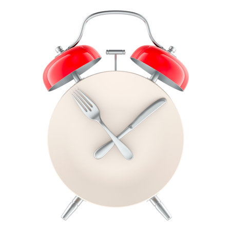 Intermittent fasting, lunchtime, diet and weight loss, concept. Dinner Plate with fork and knife as alarm clock. 3D rendering isolated on white backgroundの写真素材