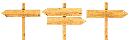 Wooden traffic road sign arrows and opposite traffic sign, front view. 3D rendering isolated on...