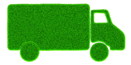 Delivery van silhouette from green grass, 3D rendering isolated on white backgroundの写真素材