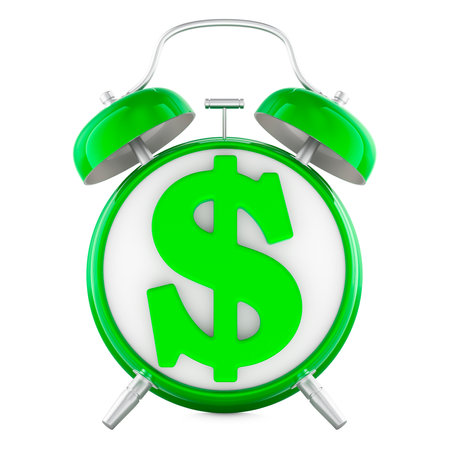 Alarm clock with dollar symbol on clockface. 3D rendering isolated on white backgroundの写真素材
