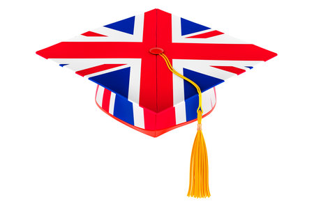 Graduation cap with British flag. Education in the UK or learn English language, concept. 3D rendering isolated on white backgroundの写真素材