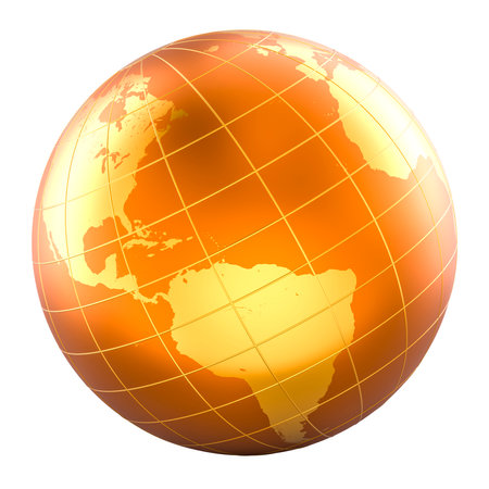 Golden Earth Globe, business logotype. 3D rendering isolated on white backgroundの写真素材