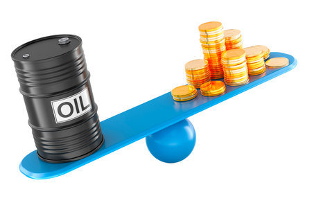 Oil barrel and golden coins on balance scale, 3D rendering isolated on white backgroundの写真素材