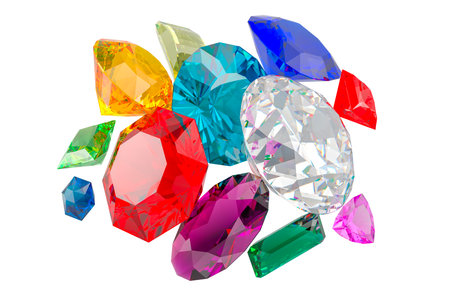 Set of Colorful Gemstones, 3D rendering isolated on white backgroundの写真素材