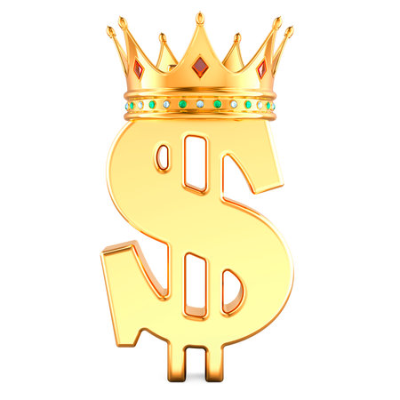 Dollar with golden crown, 3D rendering isolated on white backgroundの写真素材