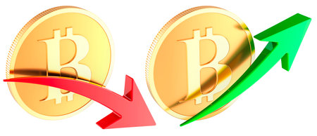 Bitcoin with red arrow down and bitcoin with green growth arrow. Falling and growing price of cryptocurrency, concept. 3D rendering isolated on white backgroundの写真素材