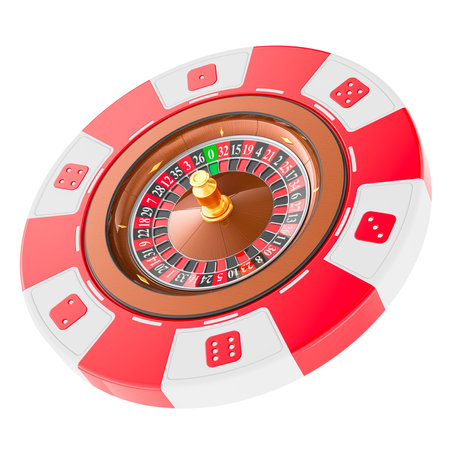 Casino token with casino roulette inside, 3D rendering isolated on white backgroundの写真素材