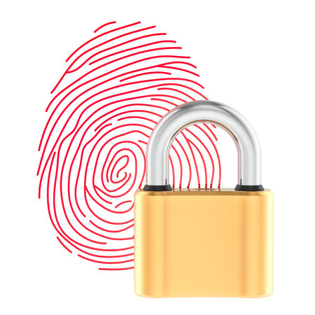 Fingerprint with padlock. Data protection, concept. 3D rendering isolated on white backgroundの写真素材