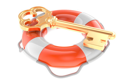 Golden Key with lifebelt, 3D rendering isolated on white background