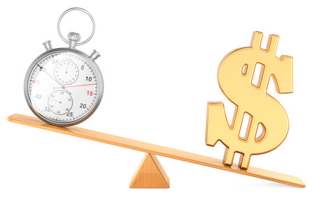 Stopwatch and Dollar Symbol on Seesaw. 3D rendering isolated on white backgroundの写真素材