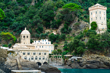 San Fruttuoso Abbey and Doria Tower on Ligurian Coast, Italyの写真素材