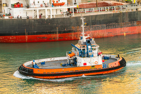 Tugboat Assisting Cargo Ship at Port in Evening Light
