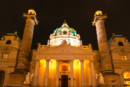 Karlskirche Illuminated at Night in Vienna, Austriaの写真素材