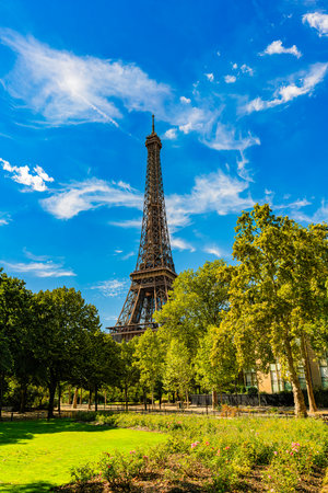 Eiffel Tower in summer park, vertical photo, Paris, Franceの写真素材