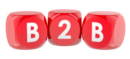 B2B on red cubes. Business to business, concept. 3D rendering isolated on white backgroundの写真素材