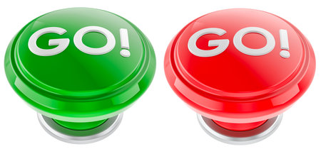Green and red GO buttons, 3d rendering isolated on white backgroundの写真素材