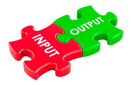 Input and output puzzle pieces. 3D rendering isolated on white backgroundの写真素材