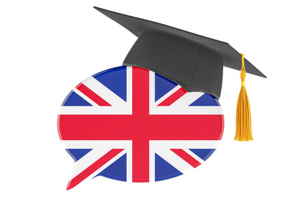English language learning, education, and communication concept. Speech bubble with United Kingdom flag and graduation cap. 3D rendering isolated on white backgroundの写真素材
