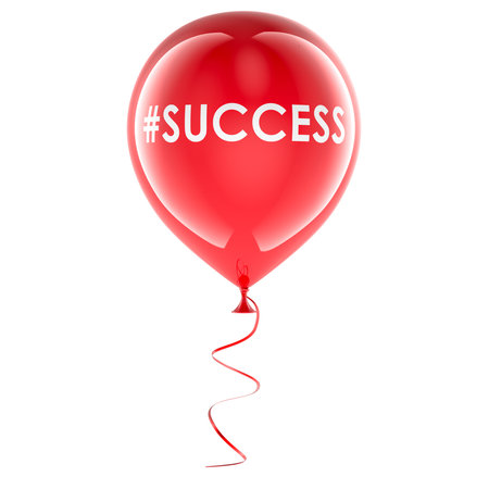 Red balloon with hashtag success, achievement celebration. 3D rendering isolated on white backgroundの写真素材