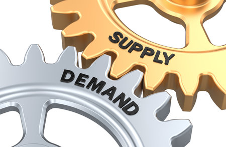 Supply and Demand gears. 3D rendering isolated on white backgroundの写真素材