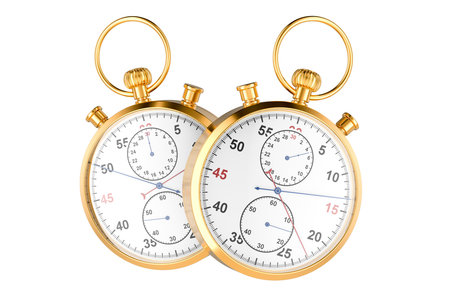 Two classic gold stop watches. 3D rendering isolated on white background