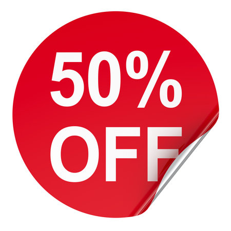 50 percent off, red sticker. 3D rendering isolated on white background