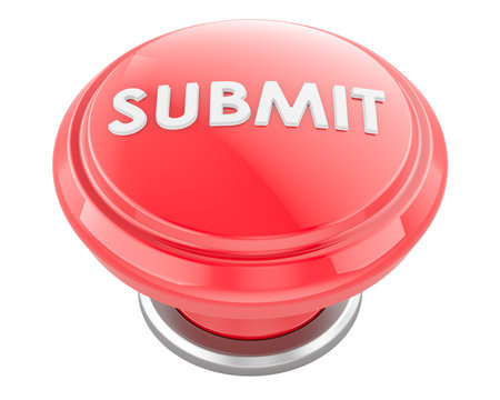 Submit, red push button. 3D rendering isolated on white background