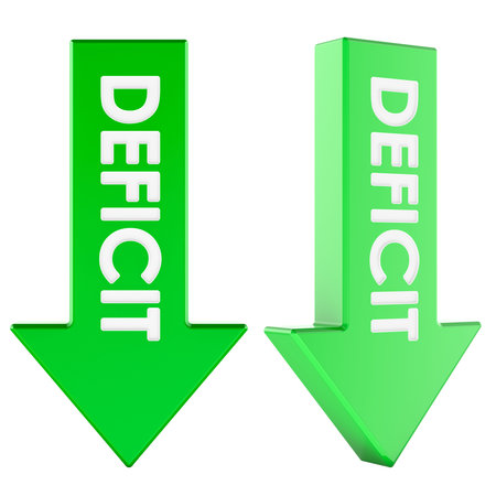 Green deficit arrows pointing down. 3D rendering isolated on white background