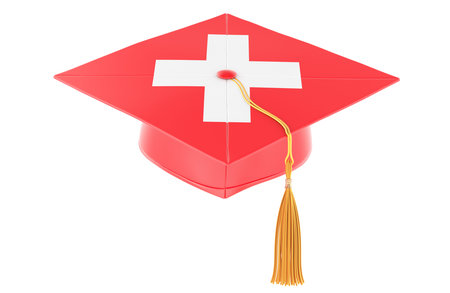 Graduation cap with Swiss flag. Education in Switzerland or learn Swiss language, concept. 3D rendering isolated on white backgroundの写真素材