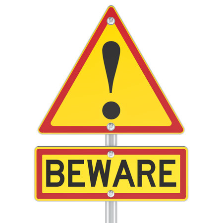 Beware, warning road sign with exclamation mark. 3D rendering isolated on white backgroundの写真素材