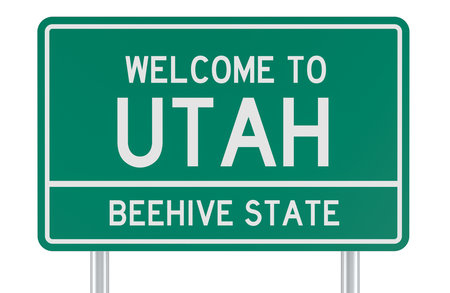 Welcome to Utah Beehive State, green road sign. 3D rendering isolated on white backgroundの写真素材