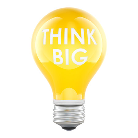 Think Big, yellow light bulb with text. 3D rendering isolated on white backgroundの写真素材