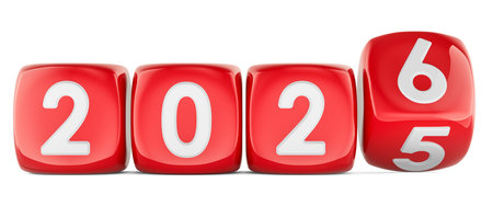 2026 red cubes changing from 2025, 3D rendering isolated on white backgroundの写真素材