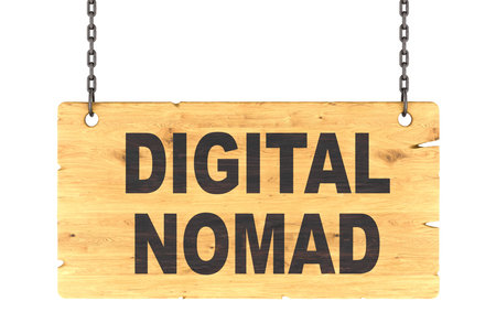 Digital Nomad wooden sign on chains. 3D rendering isolated on white backgroundの写真素材