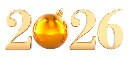 Golden 2026, New Year concept with Christmas bauble. 3D rendering isolated on white background