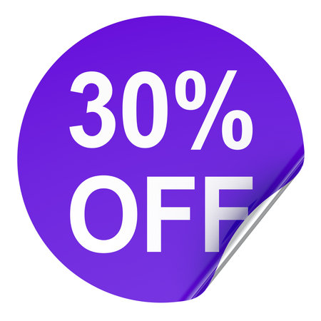 30 percent off discount sticker, round badge with peeled corner. 3D rendering isolated on white...