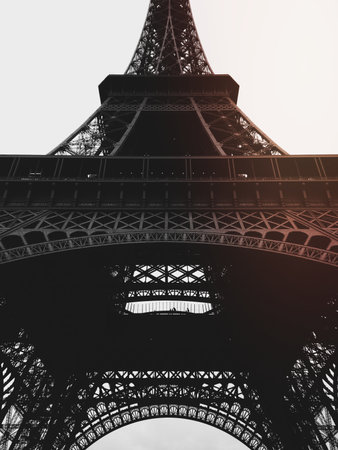 A black-and-white shot of the bottom of the Eiffel Tower.の写真素材