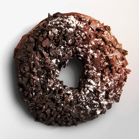 Shredded chocolate ring donut on white backgroundの写真素材