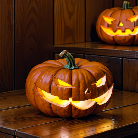 Autumn pumpkins on wooden tableの素材